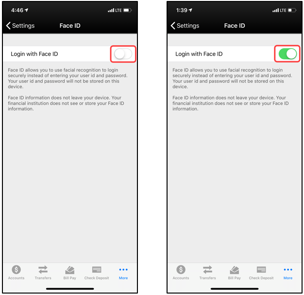 Example screen shot comparison or Face ID OFF and ON settings.
